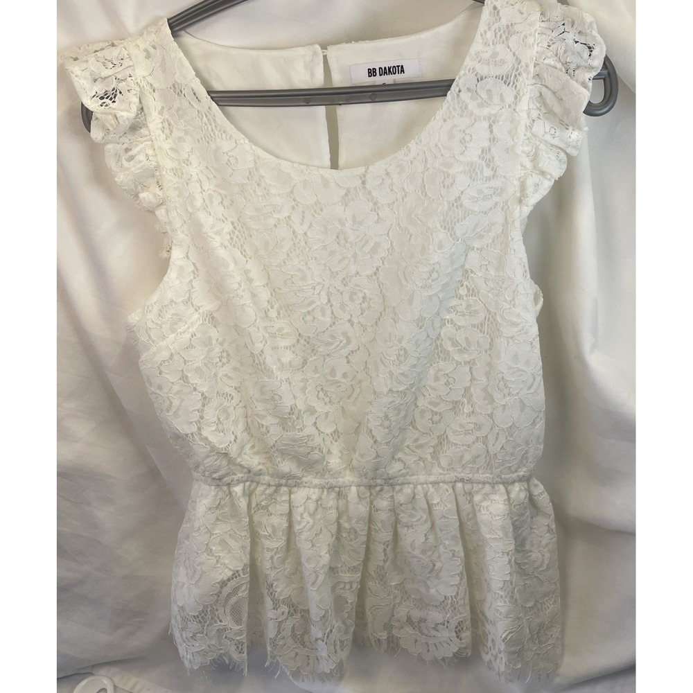 BB Dakota At First Sight Peplum Lace Top Fringed Antique Ivory Lined - Size S